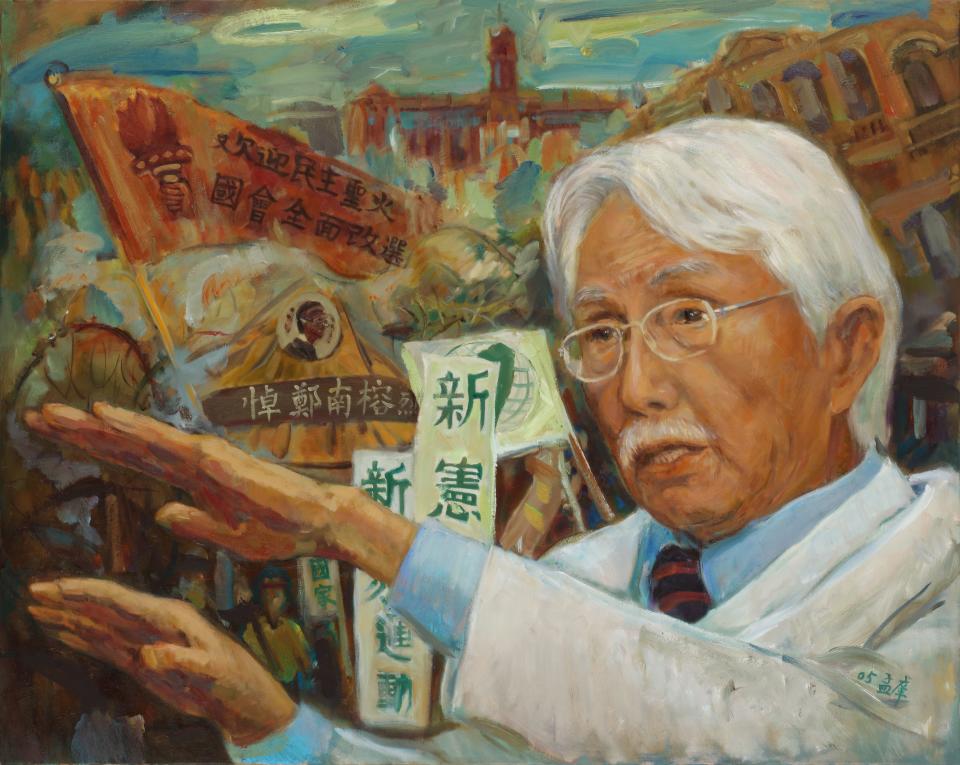 「...我將您畫進台灣民主運動史中，在台灣新國家建構之路，您是重要推手，歷史會記住您。」圖：朱孟庠〈新國家的推手〉油畫  91㎝×65㎝  2005年