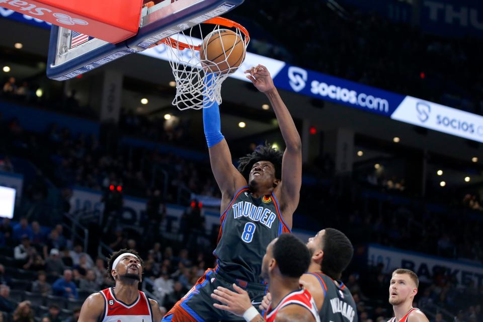 Oklahoma City Thunder forward Jalen Williams (8) scores a basket during an NBA basketball game between the Oklahoma City Thunder and the Washington Wizards at Paycom Center, Friday, Jan. 6, 2023. 