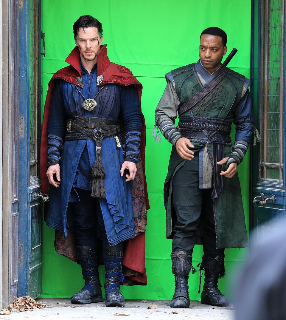 Photo by: XPX/STAR MAX/IPx 2016 4/2/16 Benedict Cumberbatch and Chiwetel Ejiofor on the set of "Doctor Strange" in New York City. (NYC)