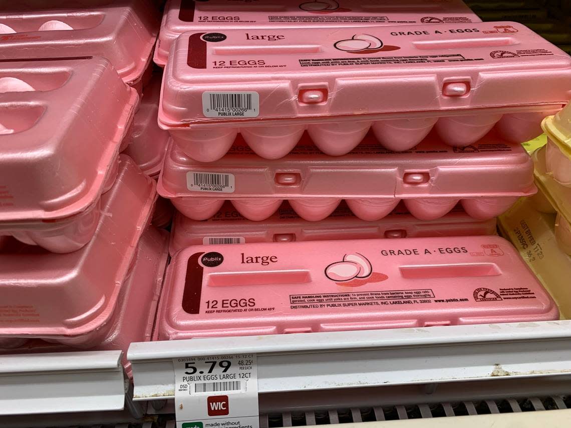 A carton of a dozen Publix large white eggs was selling for $5.79 at the chain’s Palms at Town & Country Mall store on Jan. 12, 2023.