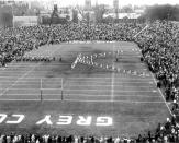 A crowd of 27,391 fans take in the halftime show at the last Grey Cup game played at Varsity Stadium in Toronto in 1957. The Hamilton Tiger-Cats beat the Winnipeg Blue Bombers. (The Globe and Mail/The Canadian Press)