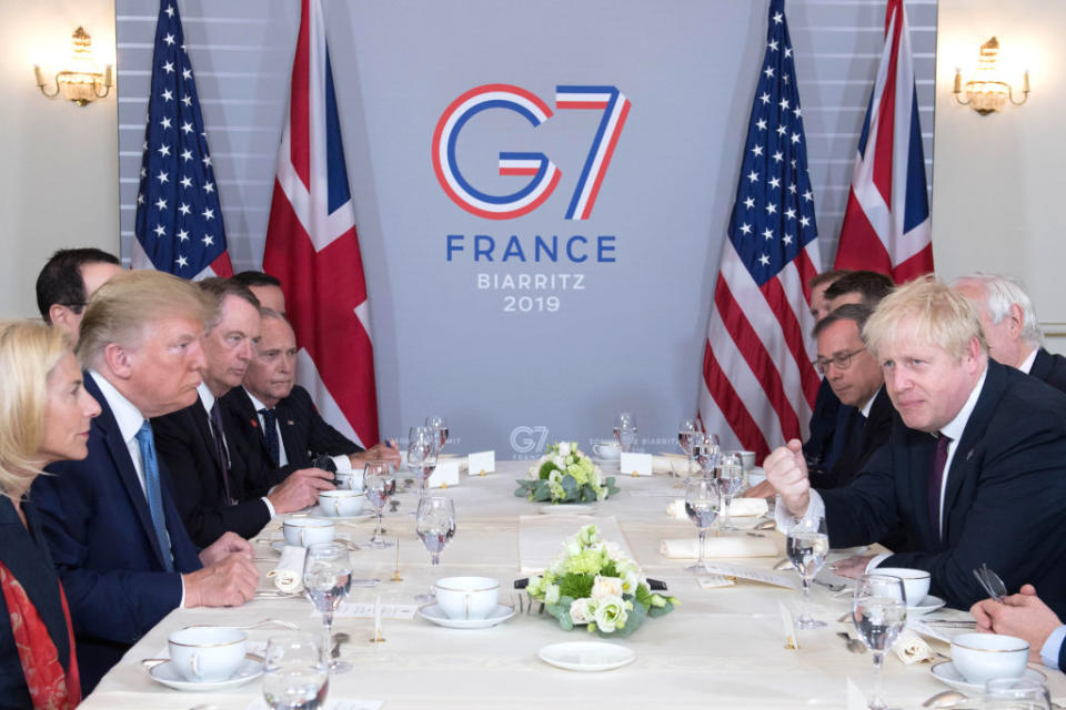 Mr Trump and Mr Johnson meet over breakfast at the G7 summit in Biarritz. Source: Getty