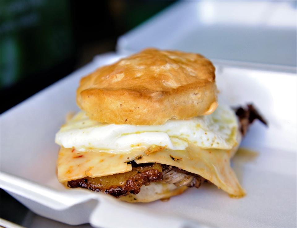 A classic brisket biscuit with house smoked brisket, chipotle jack cheese, an egg your way and Sriracha mayo from the Brisket Biscuit truck. Brisket Biscuit will be one truck at the Solarpalooza event at the University of Southern Indiana on Monday, Apr. 8.