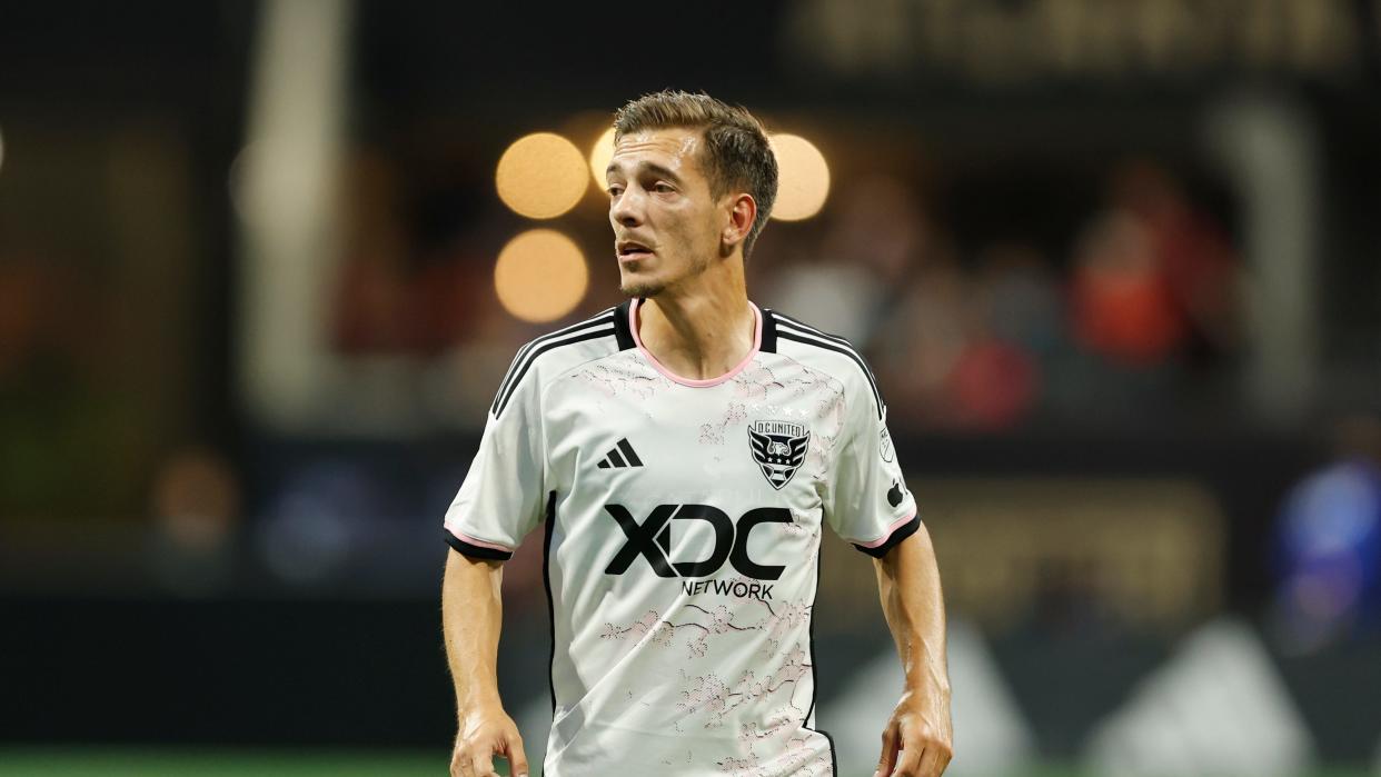 DC United's Pedro Santos (7) runs during the first half of an MLS soccer match against Atlanta United, Saturday, June 10, 2023, in Atlanta. (AP Photo/Stew Milne)