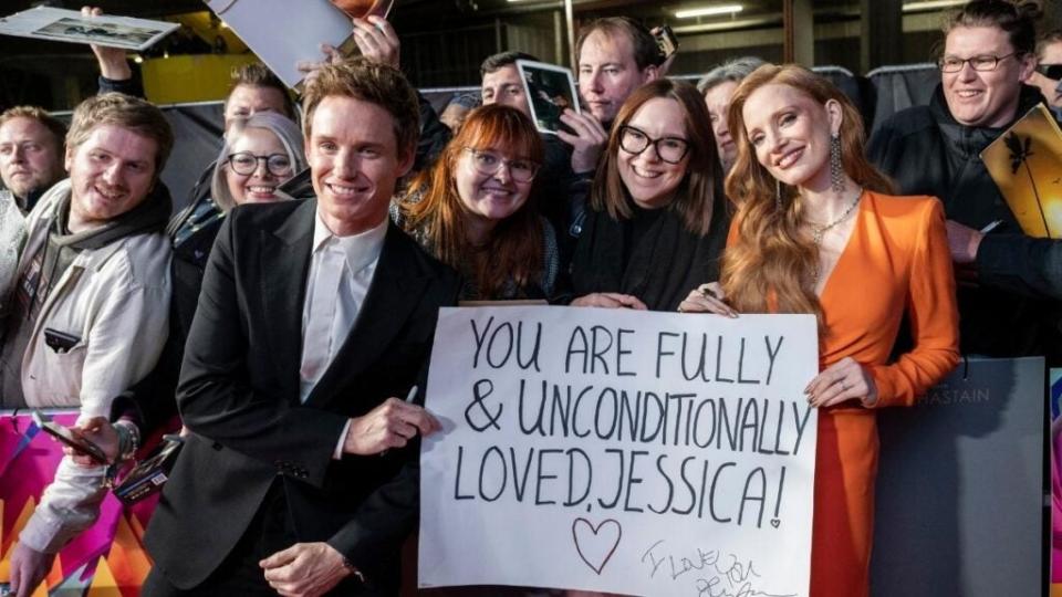 Eddie Redmayne and Jessica Chastain pose with fans at “The Good Nurse” UK Premiere during the 66th BFI London Film Festival at the Southbank Centre on October 10, 2022 in London, England.