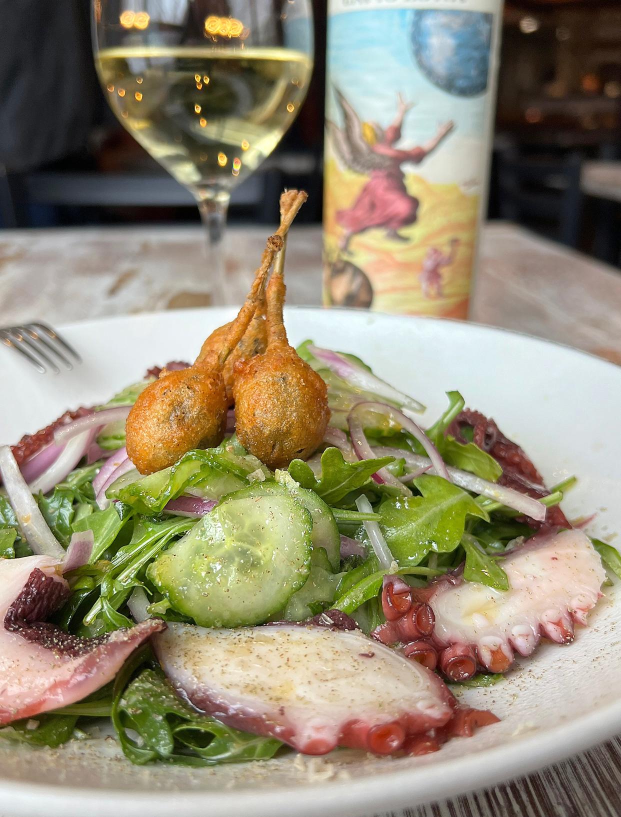 The octopus carpaccio pairs delightfully with a glass of Lapis Luna Sauvignon blanc at Lock 15 Brewing Company in Akron.