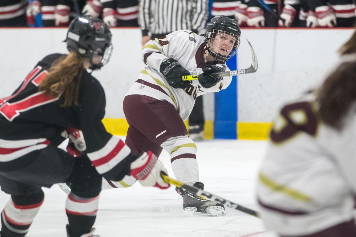 Algonquin's Lauren O'Malley takes a shot on goal during the first period of a Division 2 state semifinal in 2022.