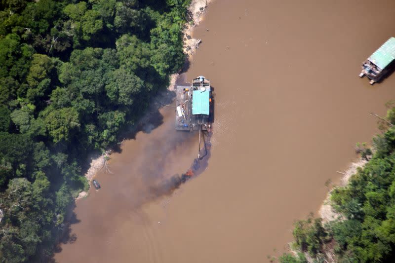 A dredge used for illegal gold extraction is seen during a joint operation between Colombian and Brazilian authorities in the Amazon jungles