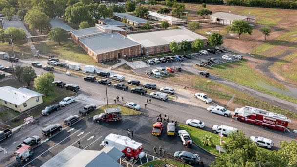 PHOTO: An aerial view of Robb Elementary School, May 25, 2022, as law enforcement works at the scene of a May 24 mass shooting that left 21 people dead, including 19 children, in Uvalde, Texas. (Jordan Vonderhaar/Getty Images)
