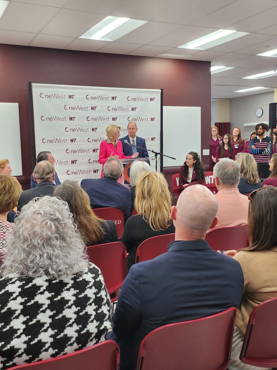 Wife and husband duo Laura and Joe Street announce their $2.5 million donation to West Texas A&M University to establish the Laura and Joe Street School of Nursing on Thursday morning at the WT Harrington Academic Hall in Amarillo.