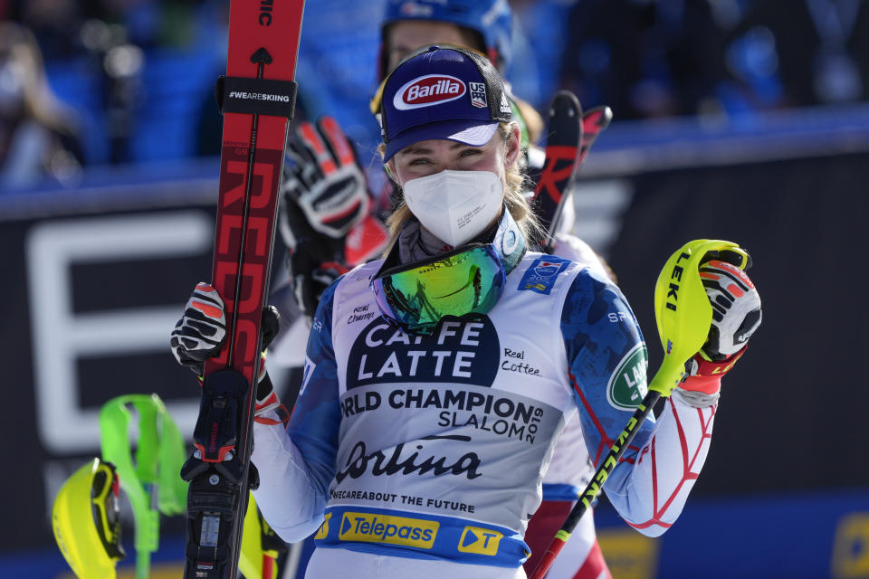 United States' Mikaela Shiffrin celebrates her third place in the women's slalom, at the alpine ski World Championships in Cortina d'Ampezzo, Italy, Saturday, Feb. 20, 2021. (AP Photo/Giovanni Auletta)