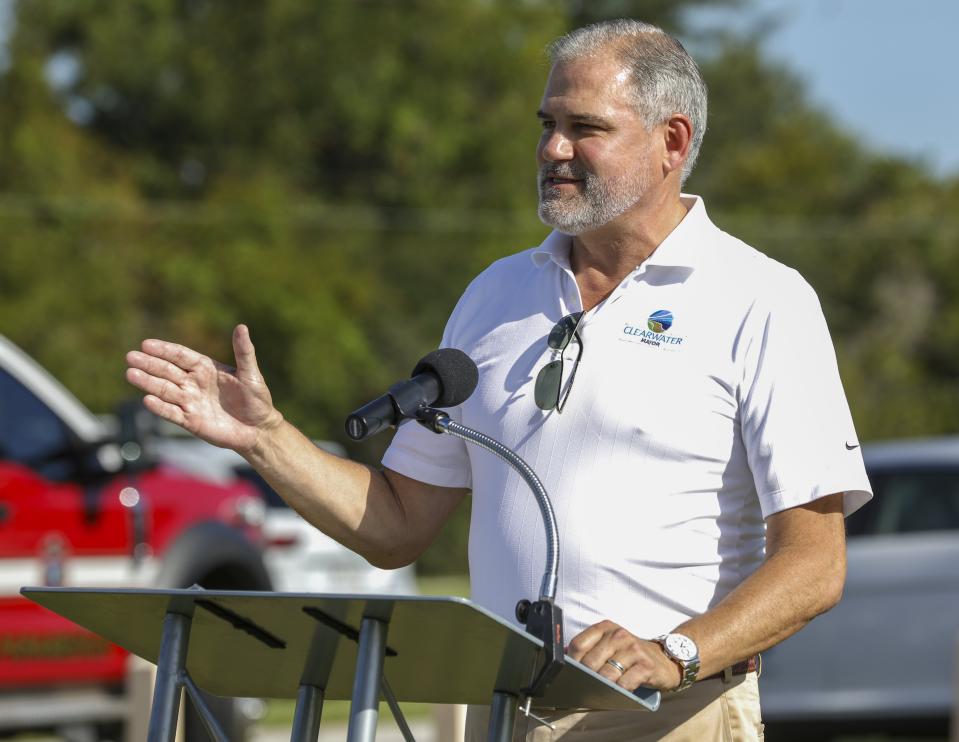 Clearwater Mayor Frank Hibbard speaks during a ceremony marking the new Pinellas Duke Energy Trail north segment Friday, Aug. 5, 2022 in Clearwater, Fla. Hibbard turned in his resignation during a tense budget meeting, Monday, March 20, 2023 and said he made the quick decision due to concerns over the direction his colleagues were taking with city funds. (Chris Urso/Tampa Bay Times via AP)