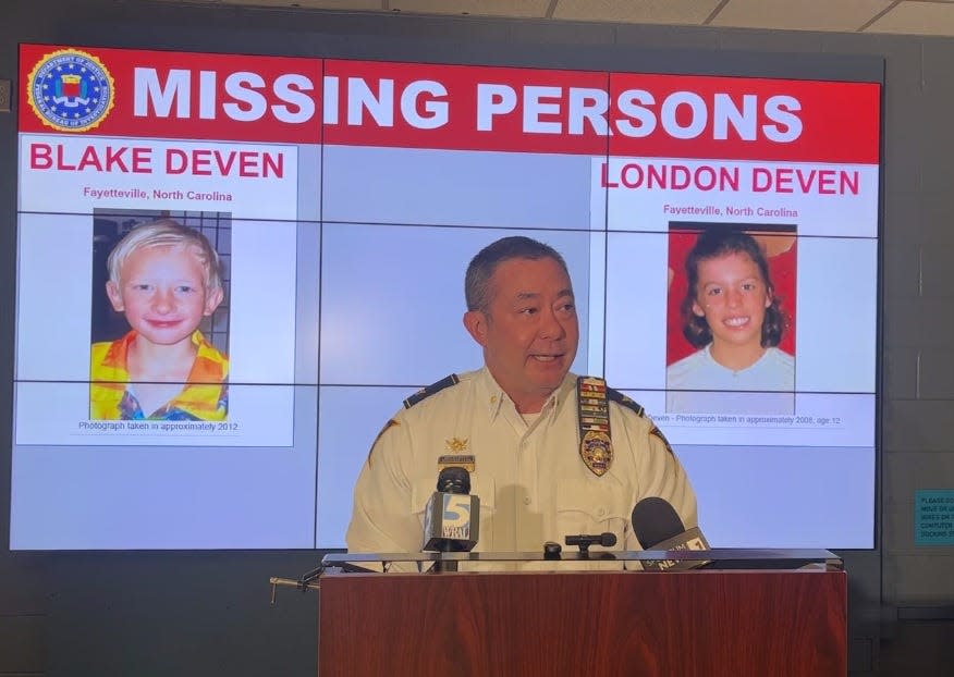 Police Chief Kemberle Braden addresses the media on April 5, 2024, in front of photos of Blake and London Deven, reported missing years after family said they were last seen. Blake would now be 17 and London 27, authorities said.