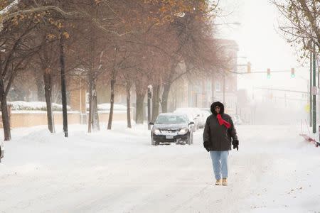 A woman walks down the middle of the street through the blowing snow in Buffalo, New York, November 19, 2014. REUTERS/Lindsay DeDario