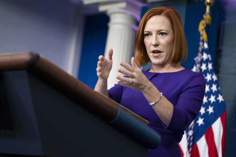 White House press secretary Jen Psaki speaks during a press briefing at the White House, Friday, Nov. 12, 2021, in Washington. (AP Photo/Evan Vucci)