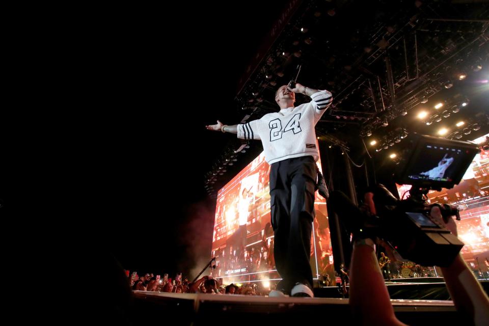 Kane Brown gives a headlining performance on the Mane Stage during Stagecoach country music festival at the Empire Polo Club in Indio, Calif., Saturday, April 29, 2023.