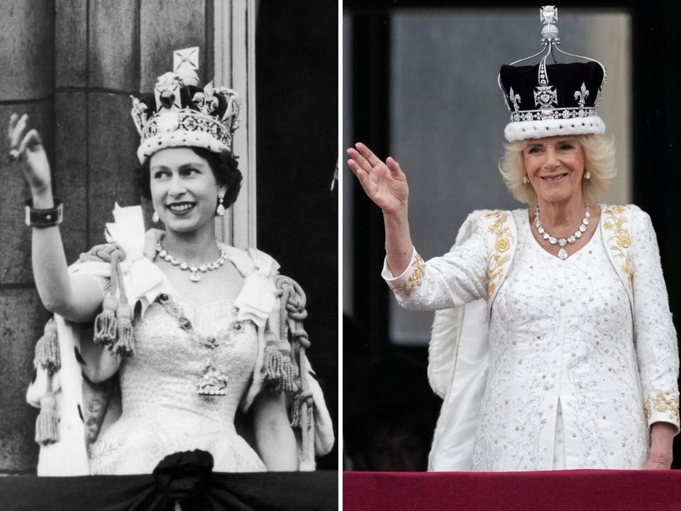 Left: Queen Elizabeth at her coronation. Right: Queen Camilla at her coronation.