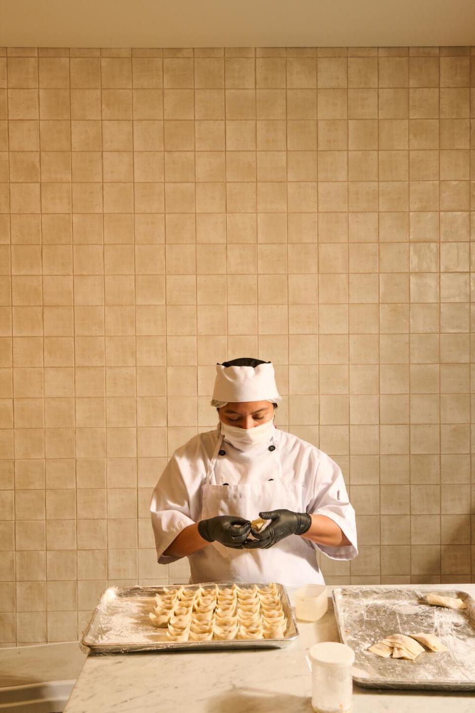 Shrimp wontons being made at Din Tai Fung.