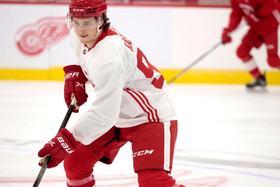 Marco Kasper goes through drills during the Red Wings development camp at the practice rink at the Little Caesars Arena on Tuesday, July 4, 2023.