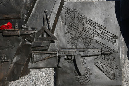 A view shows a fragment of a monument to Russian designer of the AK-47 assault rifle Mikhail Kalashnikov in Moscow, Russia September 22, 2017. REUTERS/Sergei Karpukhin