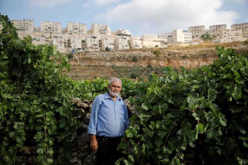 FILE PHOTO: Palestinian man Mohammad Awad, 64, poses for a photo at his farm in the village of Wadi Fukin with the Jewish settlement of Beitar Illit in the background, in the Israeli-occupied West Bank