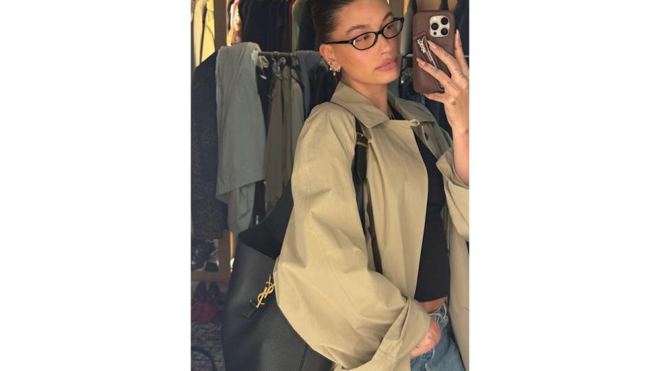 Hailey bieber in beige trench coat