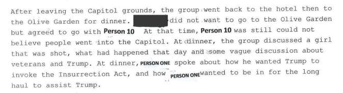 Screenshot of paragraph in FBI interview transcript from investigation into Oath Keepers at Capitol riot.