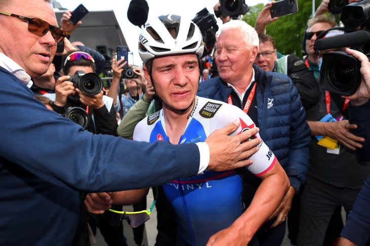 <span class="article__caption">An emotional Evenepoel as Lefevere looks on.</span> (Photo: Luc Claessen/Getty Images)