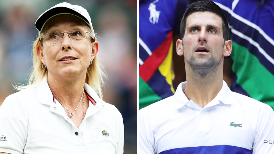 Tennis icon Martina Navratilova (pictured left) during an exhibition match and (pictured right) Novak Djokovic reacting after his US Open loss.