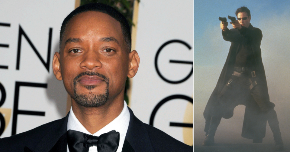 Left: Will Smith in suit and bowtie at an industry event. Right: Keanu Reeves as Neo in The Matrix standing legs wide aiming dual pistols