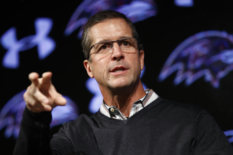 Ravens head coach John Harbaugh will face questioning in the Colin Kaepernick collusion grievance the day after Baltimore signed Robert Griffin III. (AP)