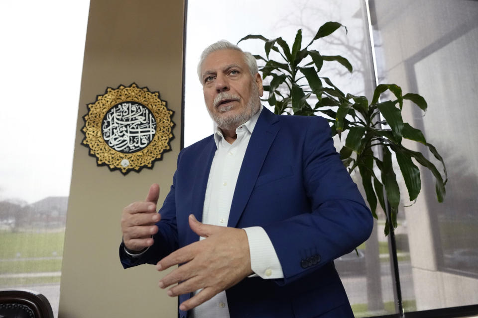 Osama Siblani, publisher of the Arab American News is photographed in his office, Wednesday, April 10, 2024, in Dearborn, Mich. As the war in Gaza enters its seventh month, some Muslim and Arab American leaders have grown frustrated with outreach from President Joe Biden's White House. After months of mounting concerns over Palestinian suffering, Biden had publicly — albeit vaguely — threatened to cut U.S. assistance to Israel's military operations in Gaza. “This is baby steps,” Siblani said he responded to a Biden adviser. “What we need is giant steps rather than baby steps.” (AP Photo/Carlos Osorio)