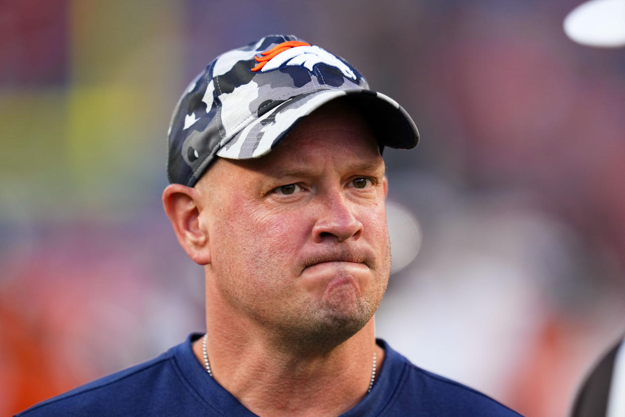 Denver Broncos head coach Nathaniel Hackett looks on before an NFL preseason football game against the Minnesota Vikings, Saturday, Aug. 27, 2022, in Denver. (AP Photo/Jack Dempsey)