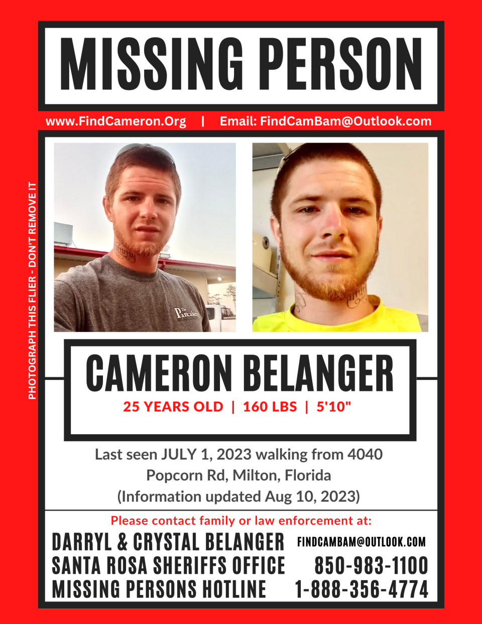 Cameron Belanger, 25, went missing in Bagdad, Florida, on July 1, 2023. After six months of searching, his family discovered remains Jan. 11, 2024, in a wooded area near his last known location and is awaiting DNA test results to learn if the remains belong to Cameron.