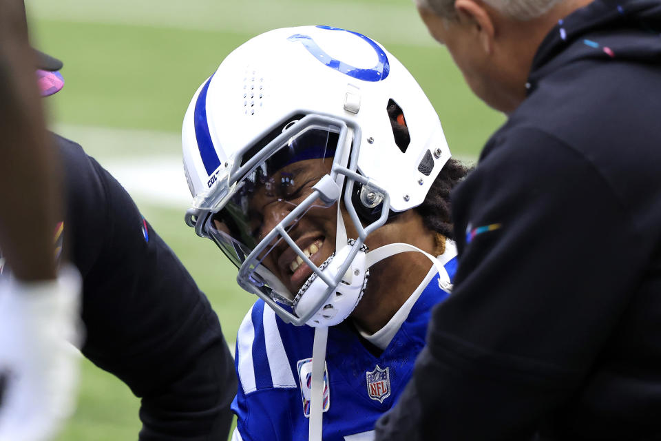 INDIANAPOLIS, INDIANA - OCTOBER 08: Anthony Richardson #5 of the Indianapolis Colts reacts after an injury during the play against the Tennessee Titans during the second quarter at Lucas Oil Stadium on October 08, 2023 in Indianapolis, Indiana. (Photo by Justin Casterline/Getty Images)