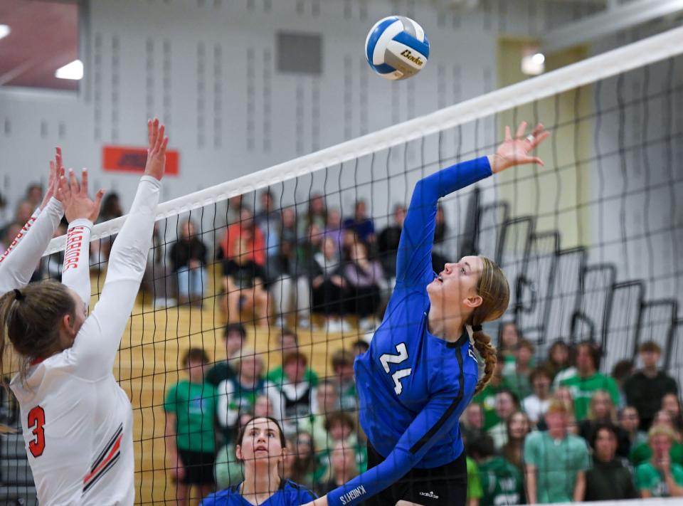 O’Gorman’s Brogan Beck winds up to hit the ball across the net in a volleyball match against Washington on Friday, October 21, 2022, in Sioux Falls.