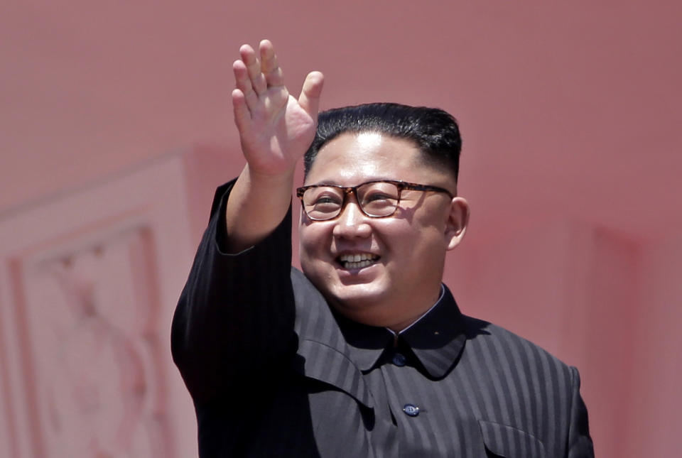 North Korean leader Kim Jong Un waves after a parade for the 70th anniversary of North Korea's founding day in Pyongyang, North Korea, Sunday, Sept. 9, 2018. North Korea staged a major military parade, huge rallies and will revive its iconic mass games on Sunday to mark its 70th anniversary as a nation. (AP Photo/Kin Cheung)