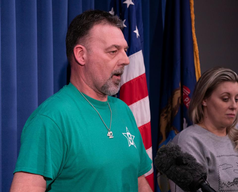 Buck Myre, father of Tate Myre, who was killed in the 2021 Oxford High School shooting, speaks to the media after James Crumbley, the shooter's father, was found guilty on four counts of involuntary manslaughter on Thursday, March, 14, 2024.