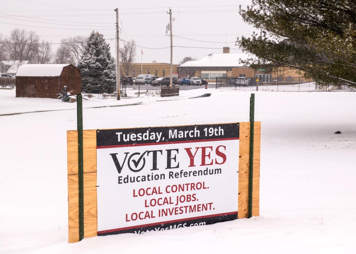 A sign outside Metamora Grade School promotes an upcoming referendum vote for the school district.