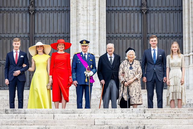 <p>Patrick van Katwijk/Getty Images</p> (From left) Prince Emmanuel of Belgium, Princess Elisabeth of Belgium, Queen Mathilde of Belgium, King Philippe of Belgium, King Albert of Belgium, Queen Paola of Belgium and Prince Gabriel of Belgium attend the National Bal concert to celebrate the 10th reigning jubilee of the Belgian King on July 21, 2023 in Brussels.