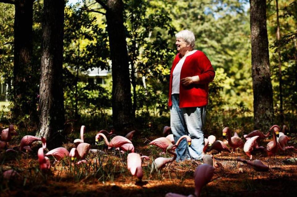 Mystery writer Margaret Maron stands among a collection of misfit flamingoes at her family farm in Johnston County on Sept. 14, 2016.