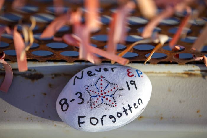 A decorated rock remembering the victims of the August 2019 mass shooting rests at a memorial site in El Paso, Texas.