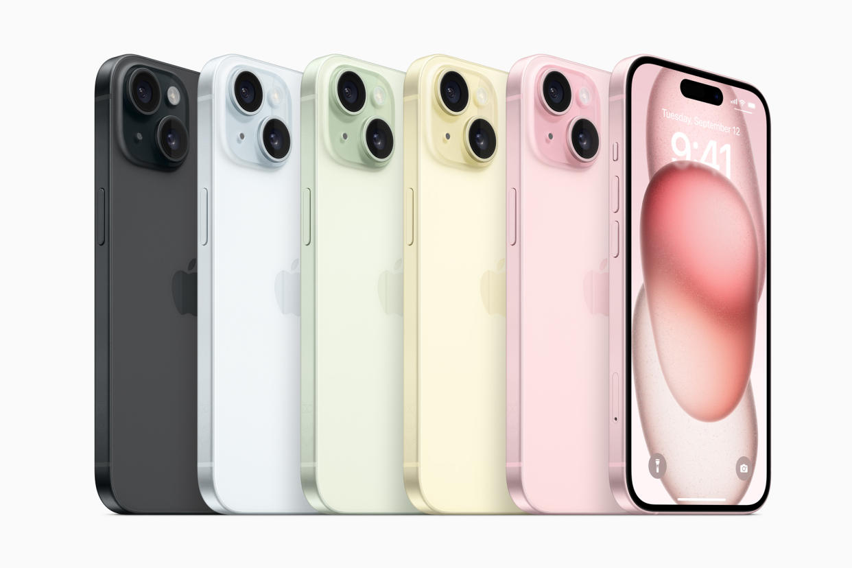  The iPhone 15 range in all colours on a white background. 