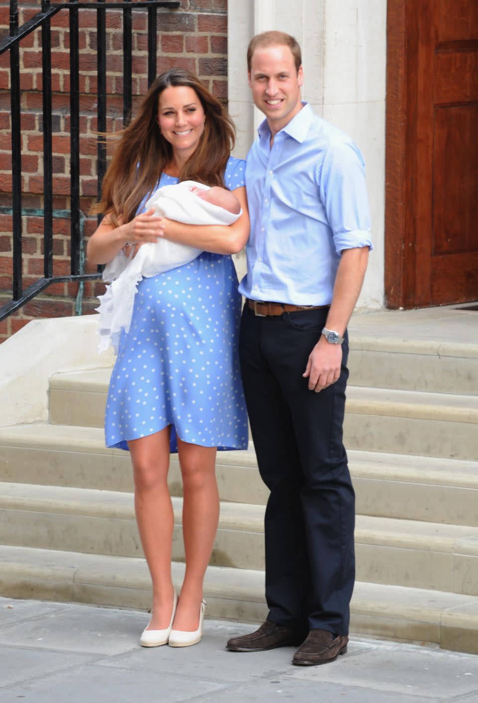 Years ago, the Home Secretary was present for the birth of royal babies. Here Kate Middleton and Prince William are pictured as they give Prince George his first glimpse of the world. Photo: Getty Images