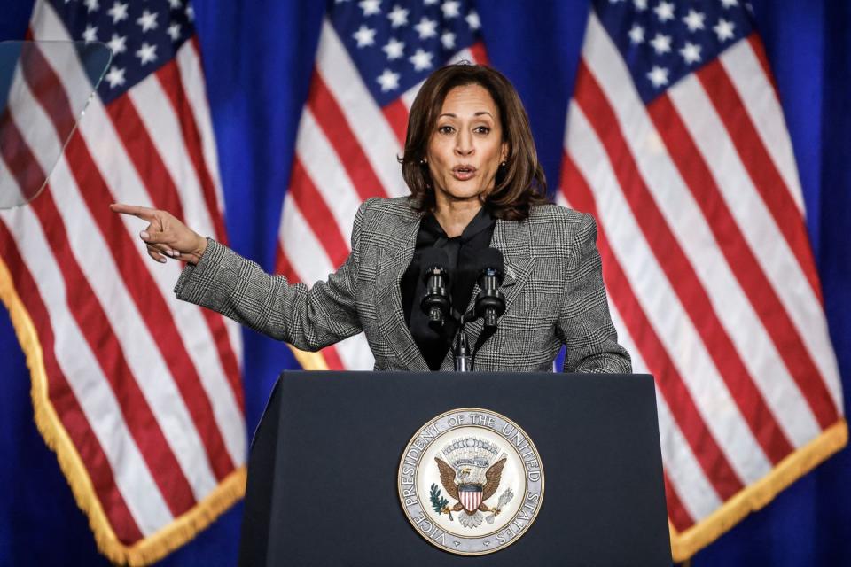 us vice president kamala harris speaks at her fight for reproductive freedoms tour at the international union of painters and allied trades district council 7 in big bend, wisconsin, on january 22, 2024