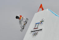 <p>Kyle Mack, of the United States, jumps during the men’s slopestyle qualifying at Phoenix Snow Park at the 2018 Winter Olympics in Pyeongchang, South Korea, Saturday, Feb. 10, 2018. (AP Photo/Gregory Bull) </p>