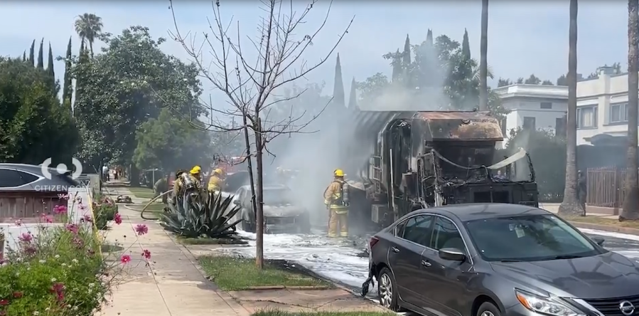 Cars charred after fire erupts in SoCal trash truck