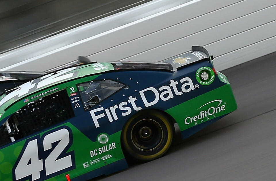 The rear windshield of Kyle Larson’s car earlier in the race. (Getty)