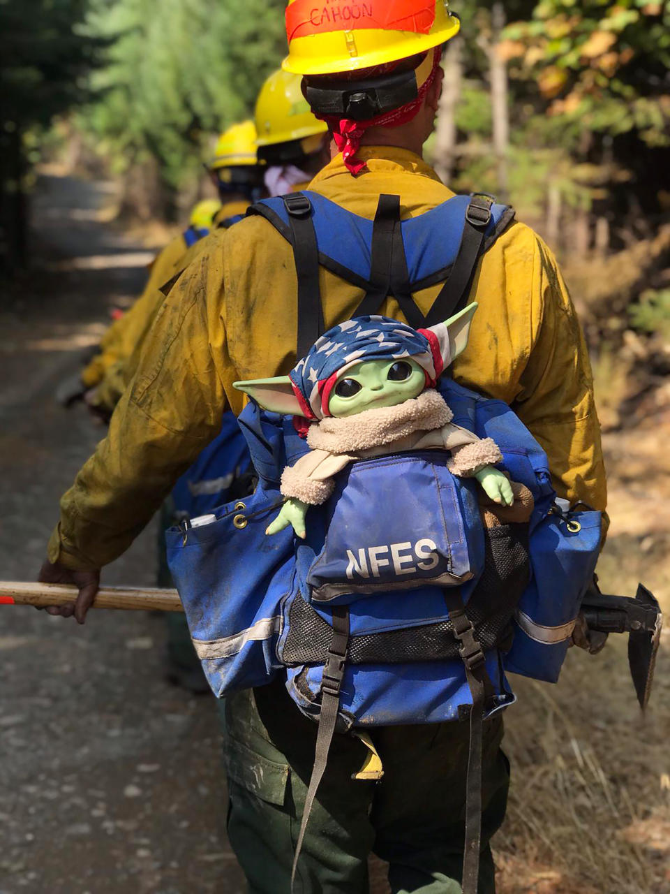 A Baby Yoda doll, from the sci-fi series "The Mandalorian," hitches a ride in the backpack of an Oregon Air National Guard firefighter on Sunday, Sept. 20, 2020 while fighting the Holiday Farm Fire in Blue River, Oregon. Beleaguered firefighters in the western United States have a new force on their side: Baby Yoda. In early September, A 5-year-old Oregon boy named Carver and his grandmother delivered a toy version of “The Mandalorian” character to a donation center for firefighters. The toy came with a handwritten note from Carver saying the toy was meant to be “a friend” in case they got lonely. Since then, Baby Yoda has been to four wildfires in two states. (Courtesy of Jaebyn Drake via AP)