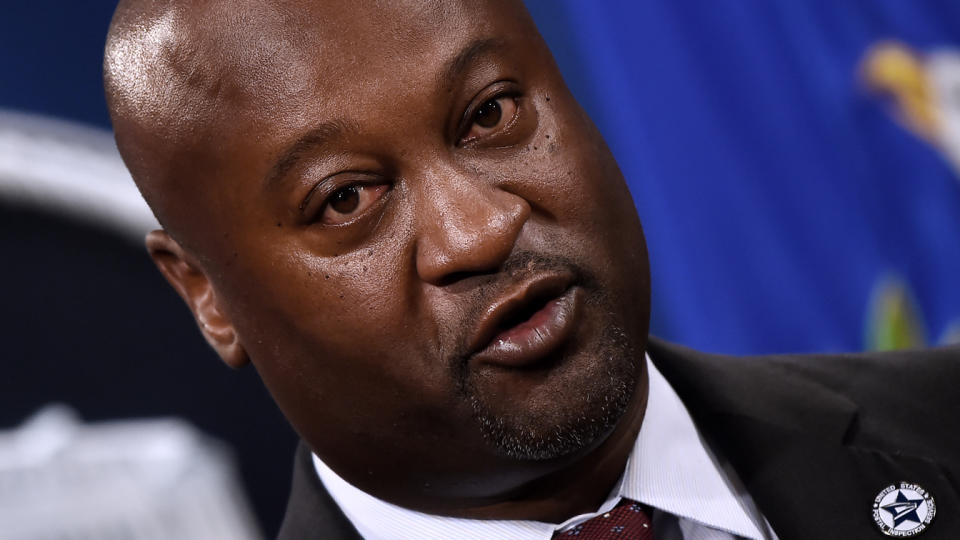 Chief Postal Inspector Gary Barksdale announces significant law enforcement actions related to the illegal sale of drugs and other illicit goods and services on the Darknet during a press conference at the Department of Justice September 22, 2020 in Washington, DC. (Olivier Douliery/AFP via Getty Images)